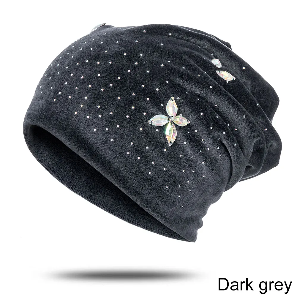 IWINTENew зимняя женская шапка бархатная теплая Skullies Beanies Женская Повседневная яркая перламутровая шапка роскошная женская шапка - Цвет: dark grey B