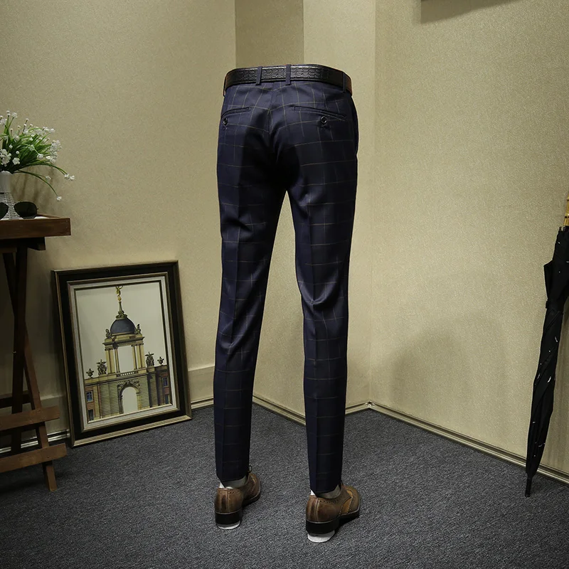 mens dress pants deep blue plaid slim fit retro suit pants formal pant for business man casual autumn wedding groom trouser