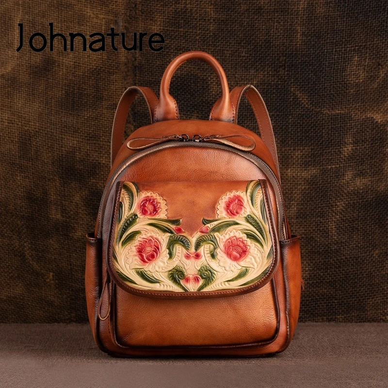 Женский винтажный рюкзак из натуральной кожи Johnature дорожный ранец воловьей в