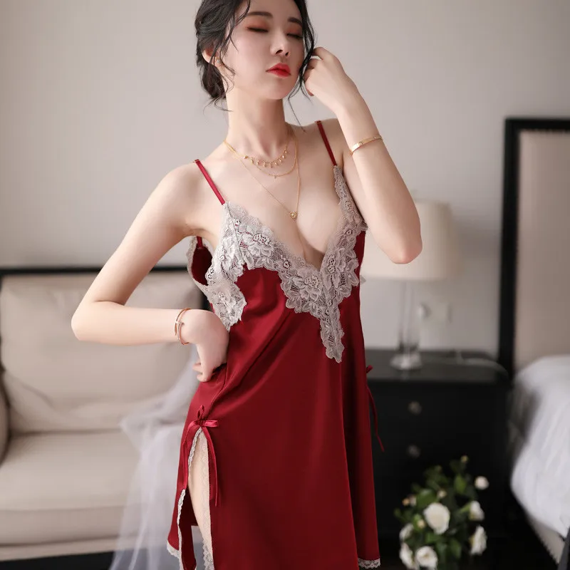 AOMU сексуальные женские летние слинг Женская шелковая одежда для сна кружевная ночная рубашка черные белые красные женские летние слинг пижамы