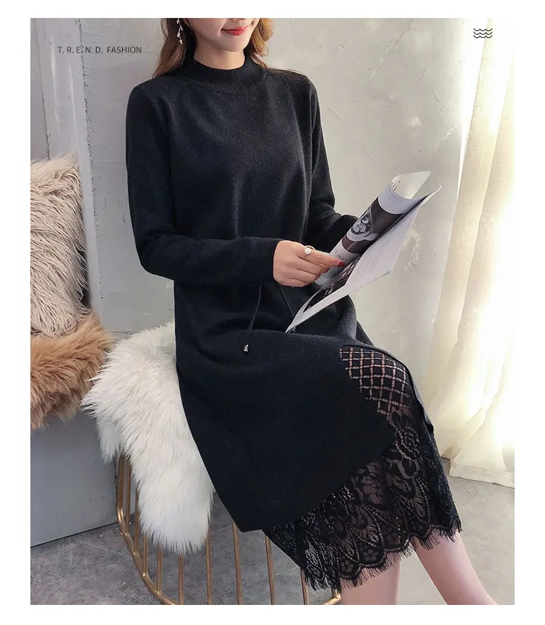 elegant O-neck loose long Thick Sweater dress women Autumn Winter lace Drawstring dress Femme Lace Up loose robe Knitted dress