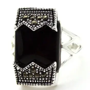 

Fashion jewelry wholesale good 24*13mm 925 SILVER BELT NATURAL OBLONG BLACK AGATE MARCASITE RING SIZE 7/8/9/10 Fi