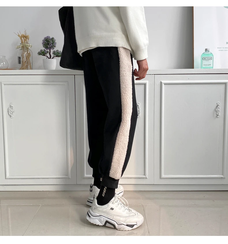 Men's Thickening Lamb Leisure Haren Pants Cotton Casual Pants Black Color Trousers Active Elastic Hip Hop Joggers Sweatpants