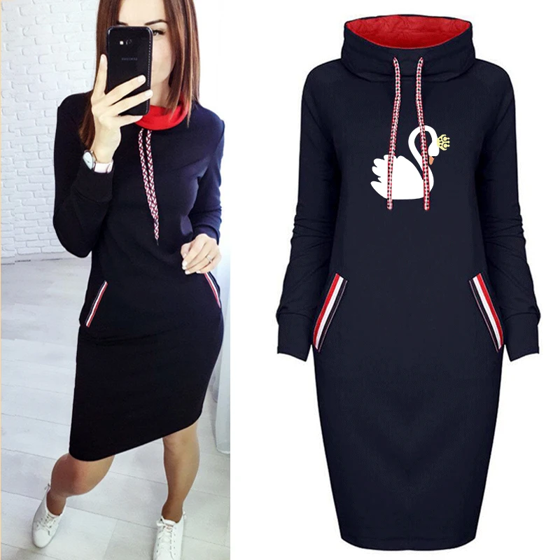 

Plus Size Midi Women Bodycon Dress Kawaii Cartoon Swan Print Autumn Thin Long Sleeve Vintage Fake Pocket Vestidos Robe Femme
