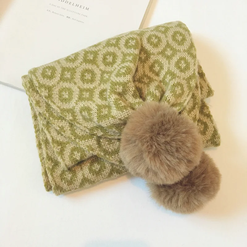 Korean Fashion Vintage Floral Print Winter Scarf Children Fur Ball Cute Knitting Warm Snood Children Neck Scarf Streetwear Shawl