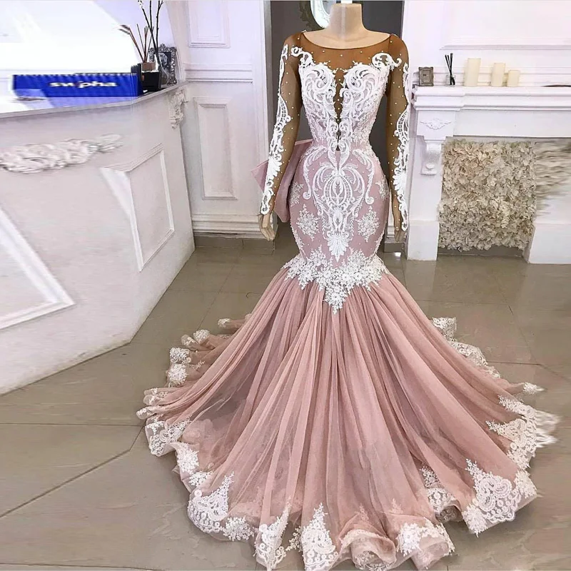 

Vintage Blush Mermaid Wedding Dresses with Long Sleeve 2020 Sheer Neck Lace Applique Pearls Arabic Civil Bride Wedding Gown