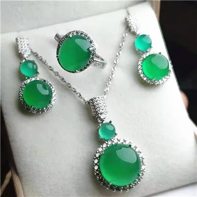 silver Jadery, 925 пробы, серебряные ювелирные наборы, натуральный зеленый нефрит, розовое золото, ожерелье/серьги/кольцо, для женщин, хорошее ювелирное изделие, рождественский подарок - Цвет камня: silver