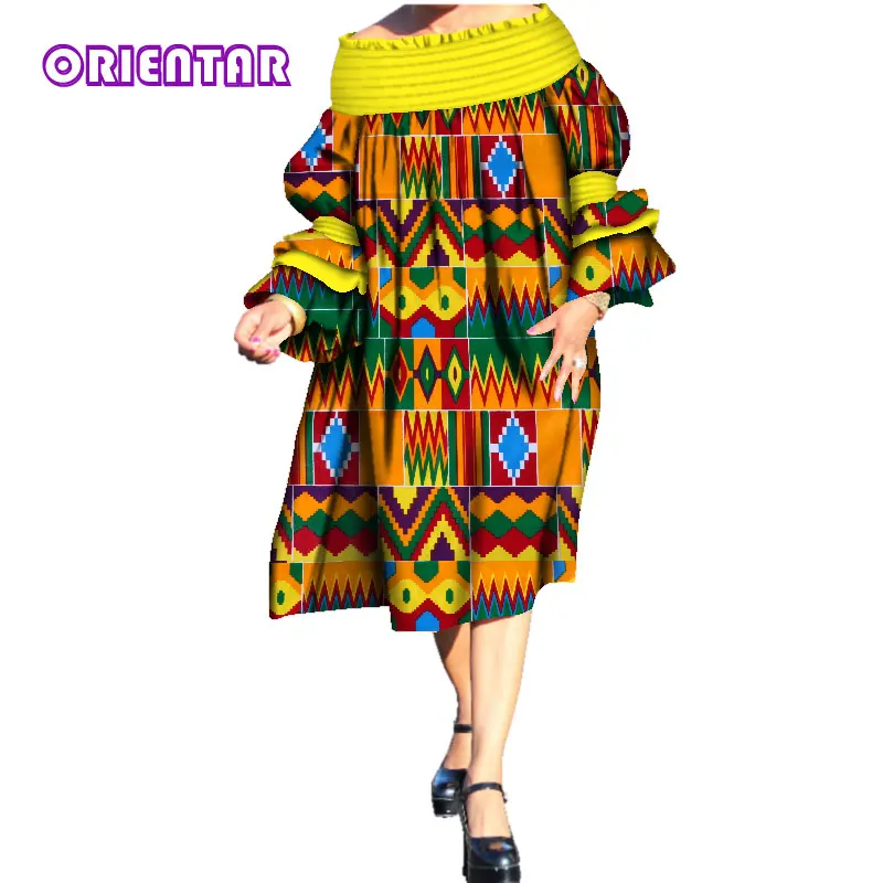 Новинка, свободные африканские платья с длинным рукавом для женщин, африканская восковая печать, Bazin Riche, модное платье миди с вырезом лодочкой большого размера WY3661