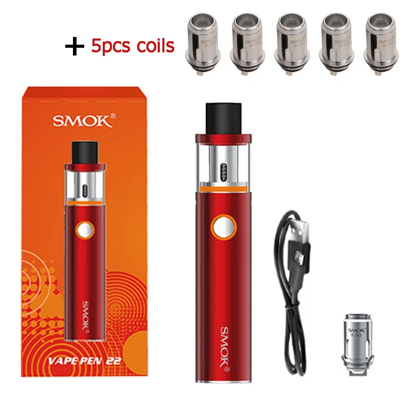 Red and 5 coils Smok Vape Pen 22 комплект со встроенным аккумулятором 1650 мАч Vape Pen 22 резервуар Ом двухъядерный светодиодный электронная сигарета испаритель - Цвет: Red and 5 coils