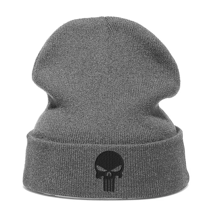 Beanie шляпа Skullie шапка, вязаная шапка-носок Зимняя Вышивка в стиле панк Для мужчин Для женщин для мальчиков и девочек подростков уличных танцев череп Skelton черный, белый, серый - Цвет: Gray black