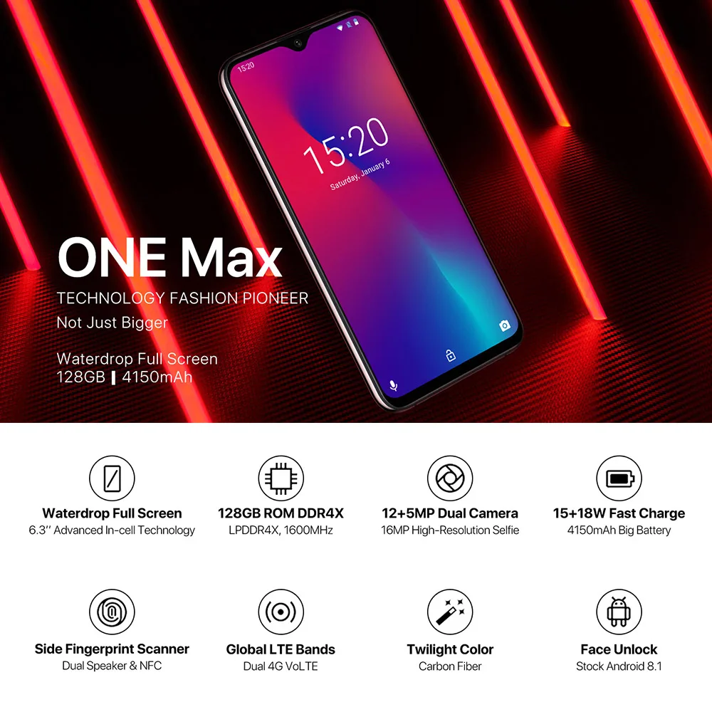 Универсальная версия UMIDIGI One Max, 4 Гб 6,3 ГБ, 4150 дюйма, полноэкранная Двойная камера, мАч, смартфон с функцией распознавания лица, NFC, Беспроводная зарядка