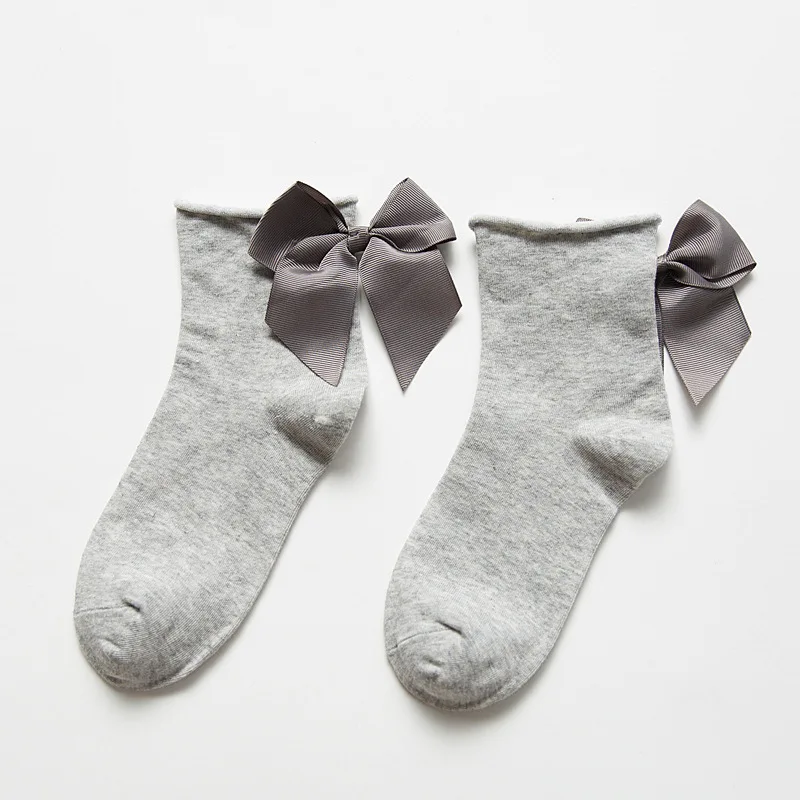 Женские ребристые однотонные носки с бантом и оборками, носки длиной по щиколотку, хлопковые носки с бантом - Цвет: F