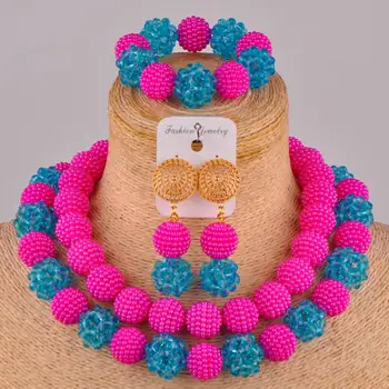 

Elegant Fuchsia Pink and Lake Blue Costume African Jewelry Set FZZ96-06