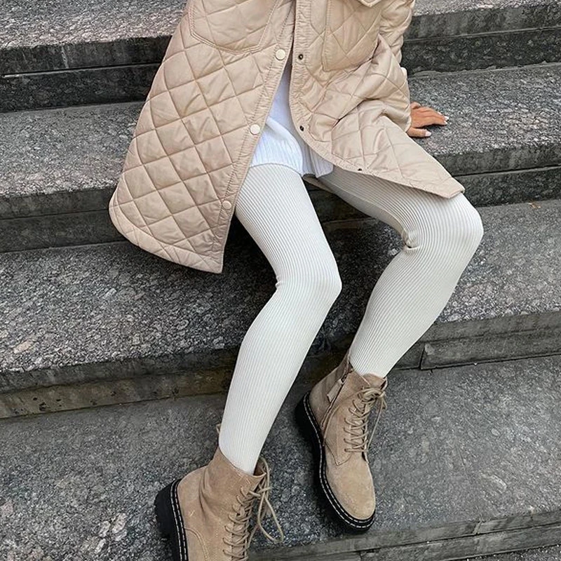 Beige Ribbed Knit Leggings Women High Waist Cotton Fitness Basic Pants Casual Spring New All-Match Female Skinny Leggings track pants