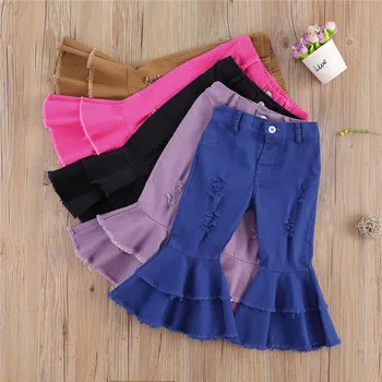 

2-7Y Toddler Kids Baby Girls Ruffles Ripped Hole Denim Pants Leggings Bottoms Trousers Children Girls Casual Flared Trousers