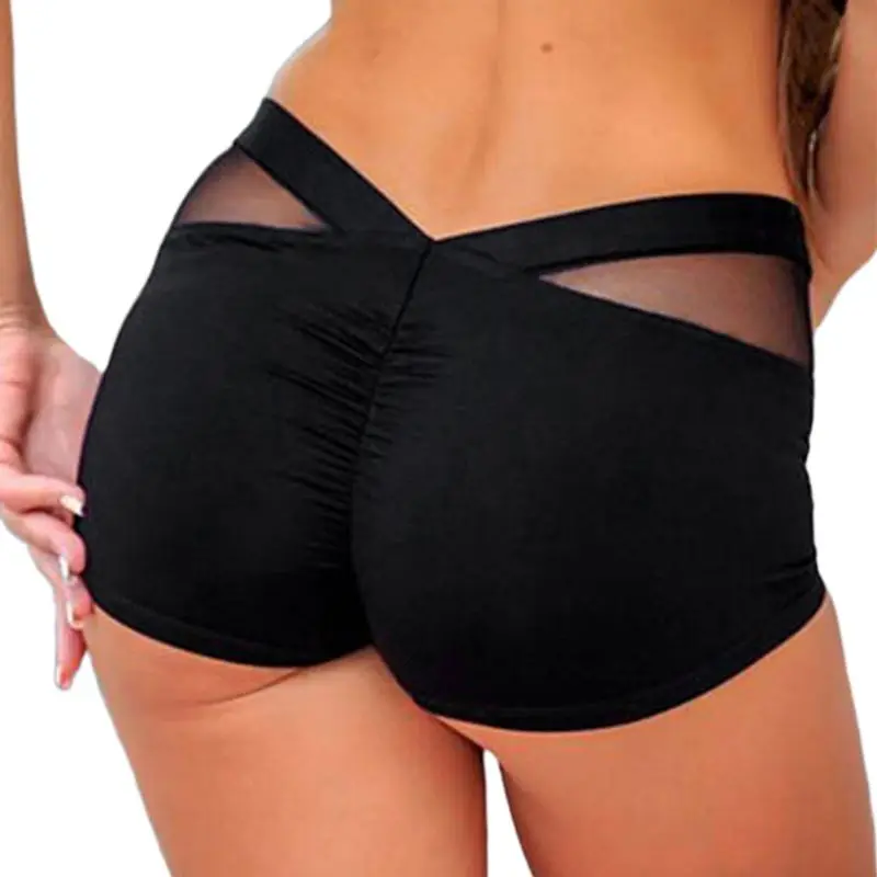 Женские Mid Rise Skinny спортивные шорты сетки лоскутной ремень Ruched Butt Lift Фитнес поперечная полоса спортивные колготки