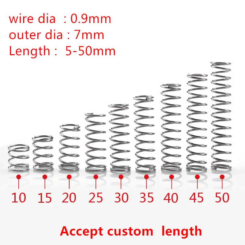10 шт/партия 0,9 мм 0,9x7 мм из нержавеющей стали Пружина сжатия диаметр провода 0,9 мм наружный диаметр 7 мм длина 10-50 мм