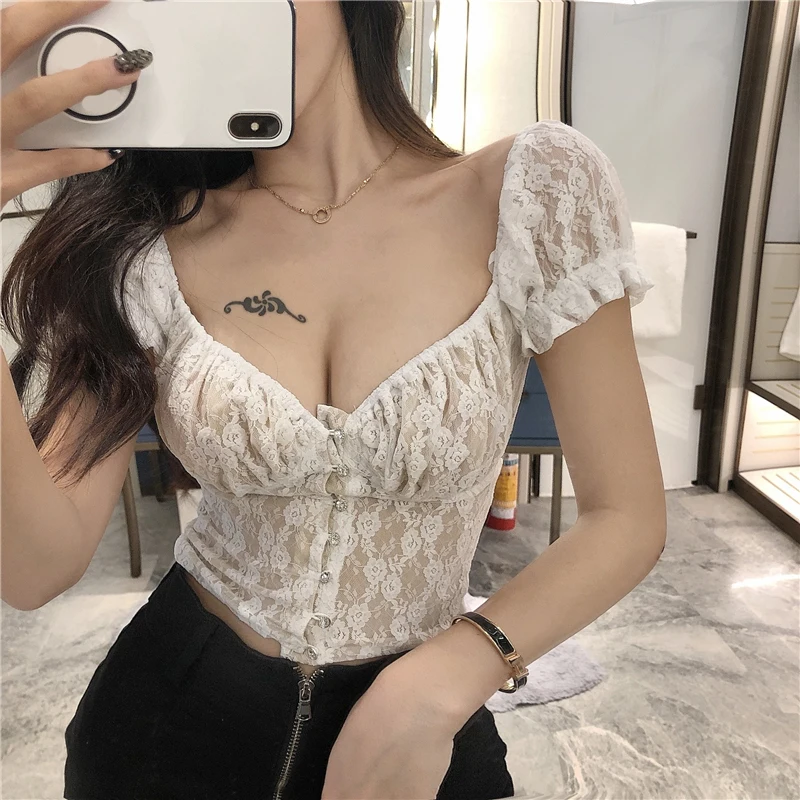 Tops cortos de encaje con cuello en V para mujer, blusas sexys de corte bajo, estilo de verano, a moda ropa de marca, blusas de alta calidad mujer|Blusa| - AliExpress