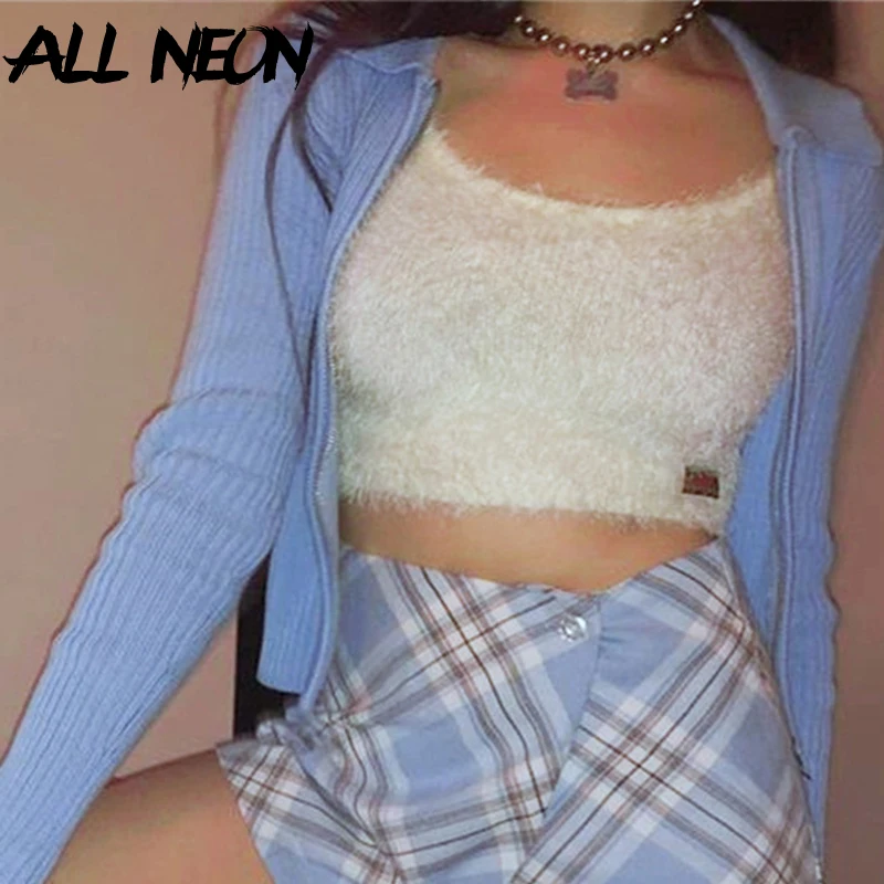 

ALLNeon E-girl Sweet Solid Ribbed Turn Down Collar Zipper Cardigans Y2K Fashion Autumn Slim Long Sleeve Cropped Knitwear Casual
