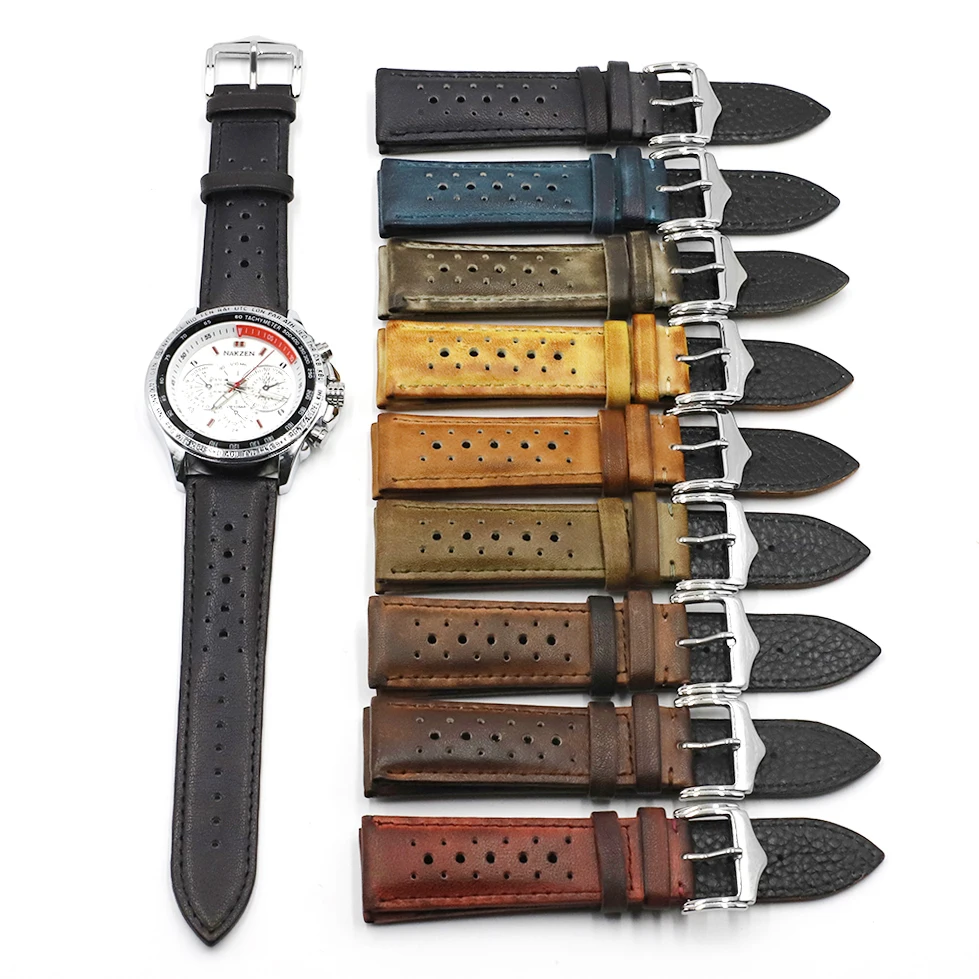 High Quality Genuine Leather Watch Band Strap 20mm 22mm 24mm Porous Breathable Handmade Stitching Watch Bracelet Accessories