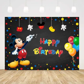 

Happy birthday theme backdrop mickey mouse party decoration background for photo booth studio cartoon birthday balloons backdrop