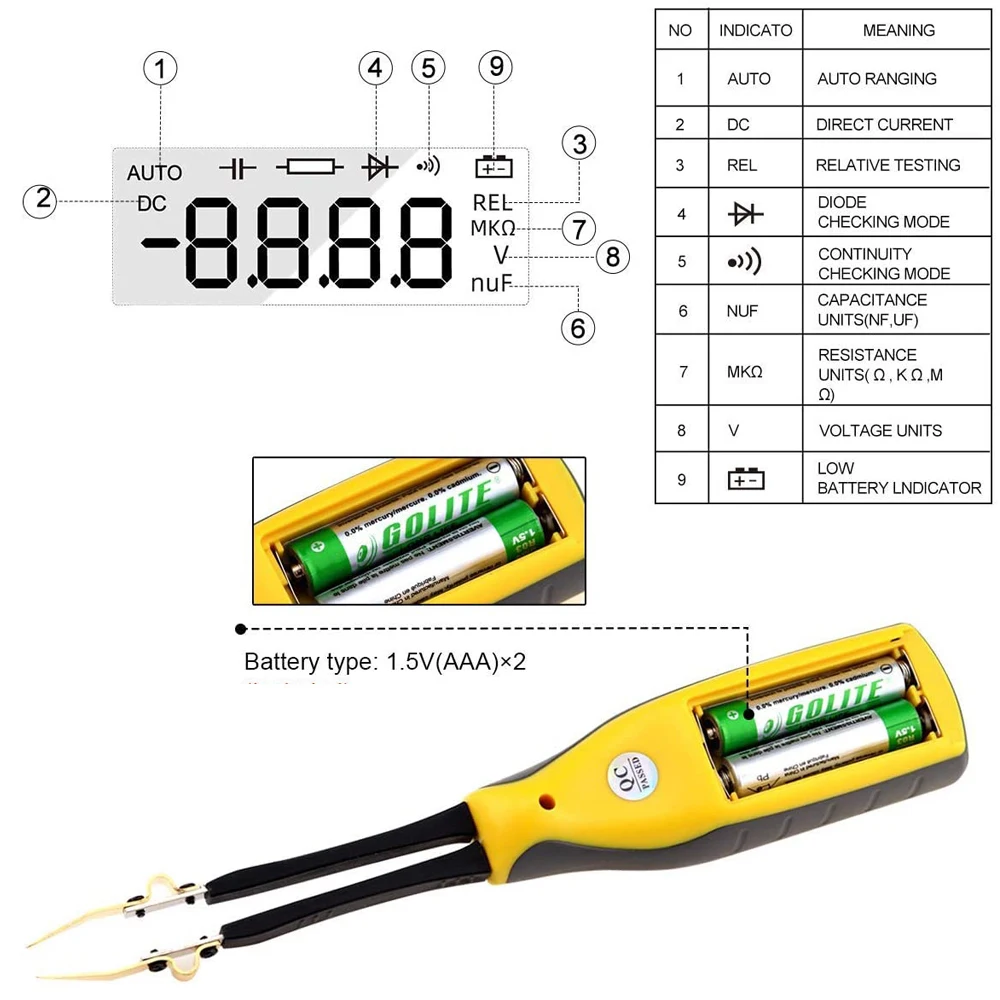 990C 스마트 SMD 테스터 스마트 핀셋 디지털 멀티미터 RC 다이오드 자동 범위 저항 커패시터 배터리 테스터(캐리 박스 포함)