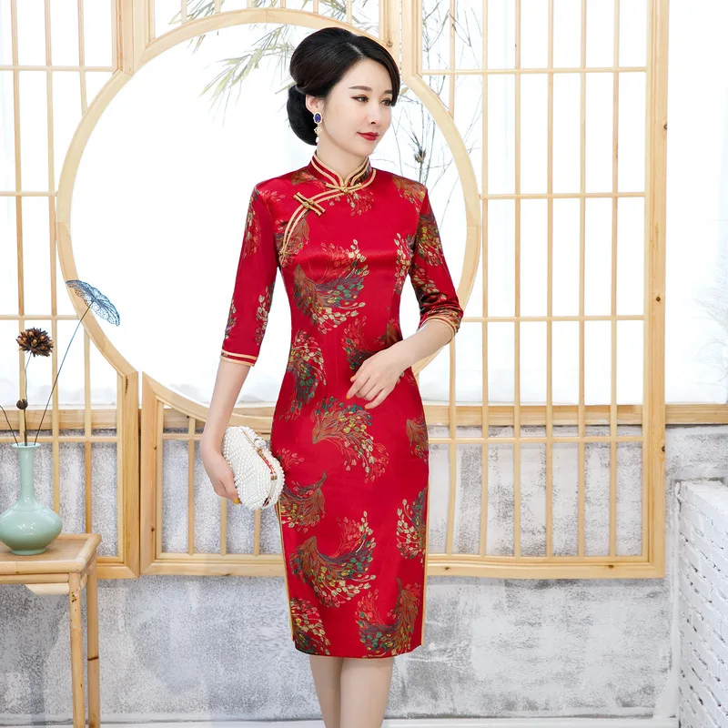 Женское сексуальное китайское свадебное платье Ципао с красным цветочным принтом, высоким Чонсам с высоким разрезом, большие размеры 3XL, воротник-стойка Vestidos