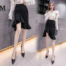 Офисная женская элегантная юбка с запахом, высокая талия, черный, красный цвет, с асимметричным подолом с оборками, рыбий хвост, юбки для официальных женщин