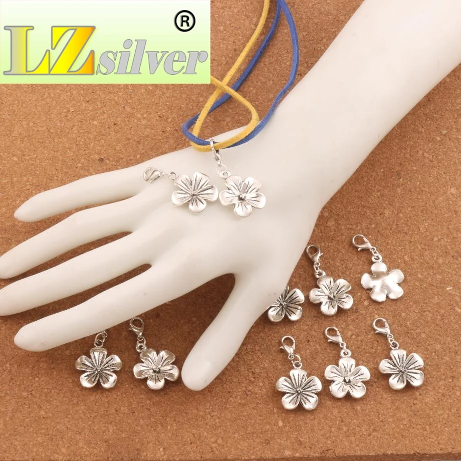 Tropical Plumeria Flower Lobster Claw Clasp Charm Beads 19.5x36.2mm 100pcs Zinc Alloy Jewelry DIY C327