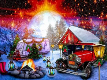 

JMINE Div 5D Christmas Camp Camping campfire red car Full Diamond Painting cross stitch kits art Scenic 3D paint by diamonds