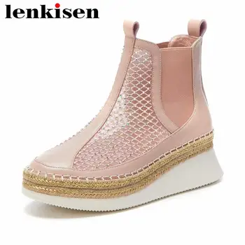 

Lenkisen 2020 cow leather mesh round toe high heels wedges rhinestone elastic band beauty lady summer sunscreen ankle boots L06