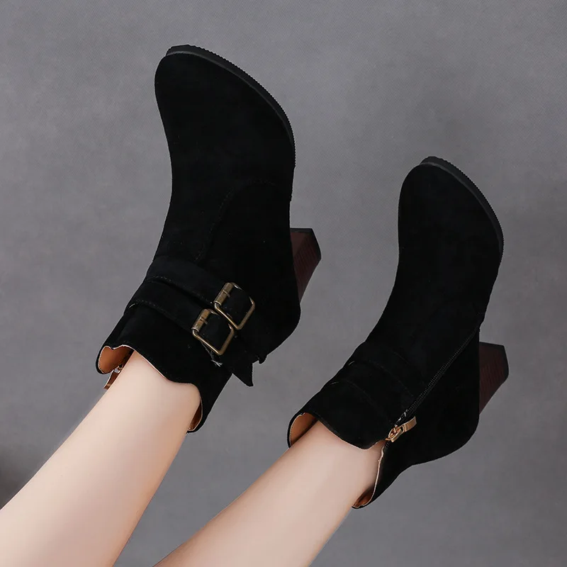 

2019 Women Flock Ankle Boots Spring Autumn Woman Shoes Ladies Stretch Fabric Boot Plus Size 35-43 High Heel Footwear