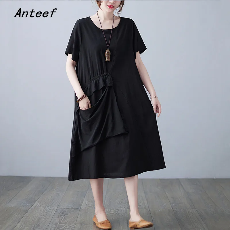 

short sleeve cotton linen vintage dresses for women casual loose midi woman summer dress elegant clothes 2021 sundress