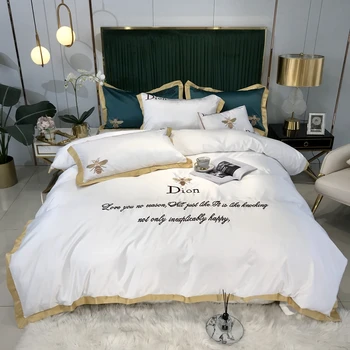 

2020 Glossy Satin Classic bee Lustrous Bedding Set Embroidery Duvet Cover Set Bed Sheet Pillowcases Queen King Size 4pcs