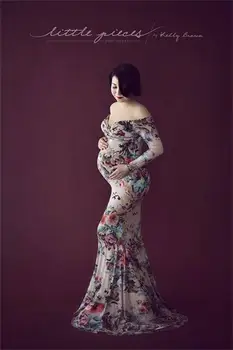 

Printing Pregnant Women's Long Sleeve Tailing Dress Photography Dress Printed Shoulder Bad Pregnant Women Sexy Tail Dress