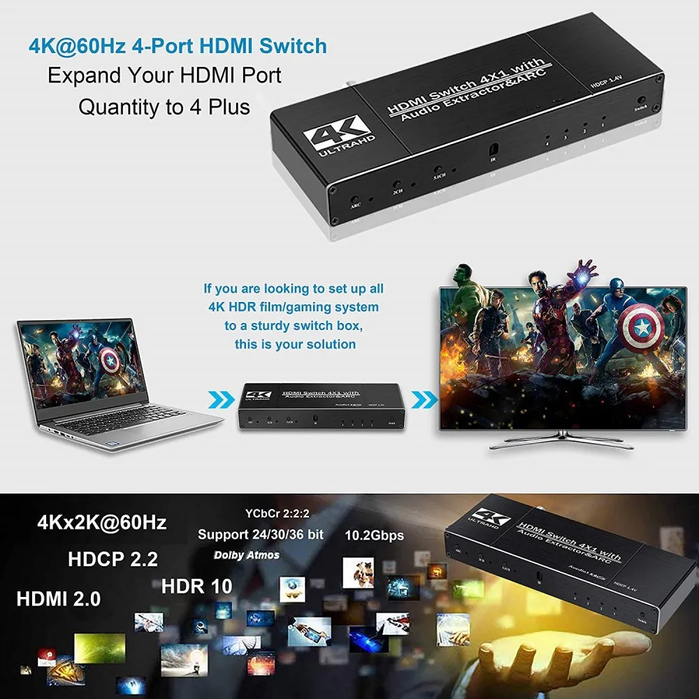 Robotsky 4K 60Hz HDMI 2,0 коммутатор 4X1 сплиттер матрица 4 в 1 выход SPDIF 3,5 мм аудио экстрактор ARC с ИК-пультом дистанционного HDMI адаптер