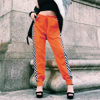 

Women Checkered PANTS PLAID High Waist Side Open Slit Zipper Trendy Joggers Checkerboard Trousers Female PANTACOURT Harajuku Red
