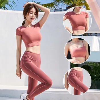 

3 Pcs Set Yoga Sports Wear For Women Gym Sexy Bra Hip-up Trousers Fitness Workout Clothing Slim Short-sleeved Solid Color Shitrs