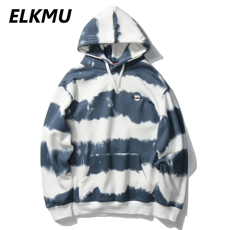 

ELKMU 2020 Men Hip Hop Streetwear Striped Hoodie Sweatshirt Flower Embroidery Fleece Harajuku Hoodies Pullover Oversize WE030