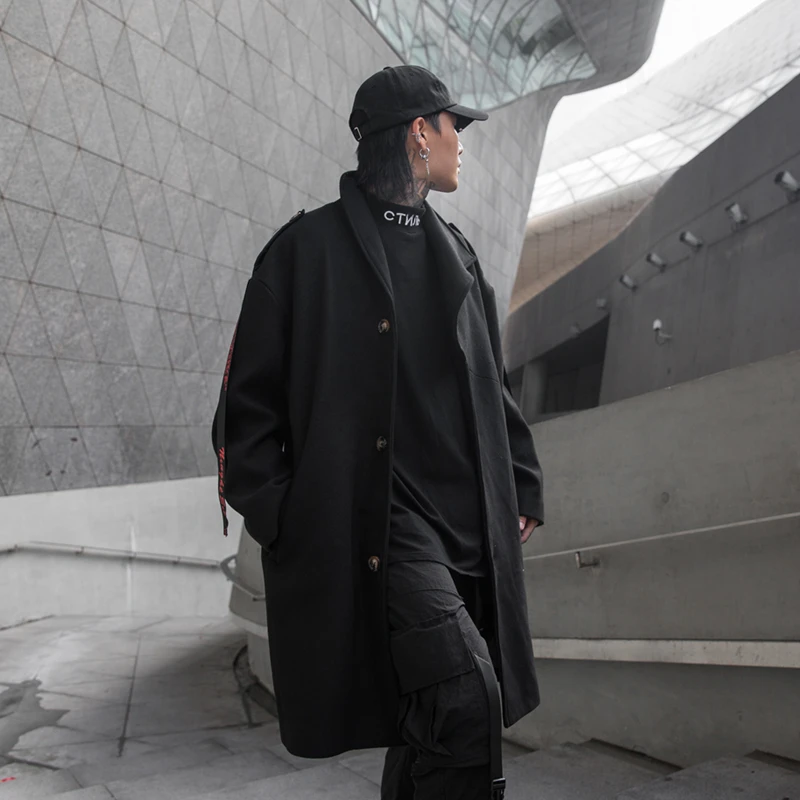YASUGUOJI New Man Black Coats Winter 2019 Hip Hop Fashion Red Ribbons Mens Wool Overcoat Streetwear Loose Male Long Trench Coat YASUGUOJI New Man Black Coats Winter 2019 Hip Hop Fashion Red Ribbons Mens Wool Overcoat Streetwear Loose Male Long Trench Coat