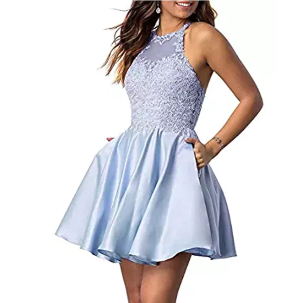 Light-blue 7813 красный Лидер продаж, блузка на бретелях, без рукавов, трапециевидной формы длиной выше колена Матовая атласная Бальные платья/Вечерние платья с аппликацией - Цвет: Light-blue