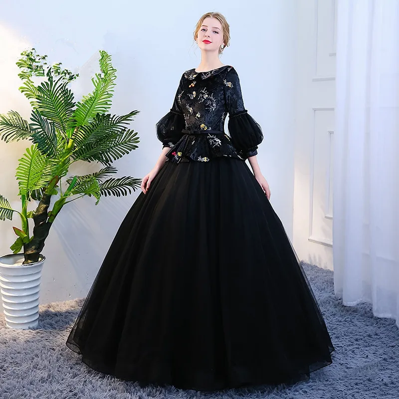 Это Yiya свадебное платье Элегантное Черное вышитое бисером Длинные свадебные бальные платья с круглым вырезом и рукавами-фонариками Robe De Mariee CH182