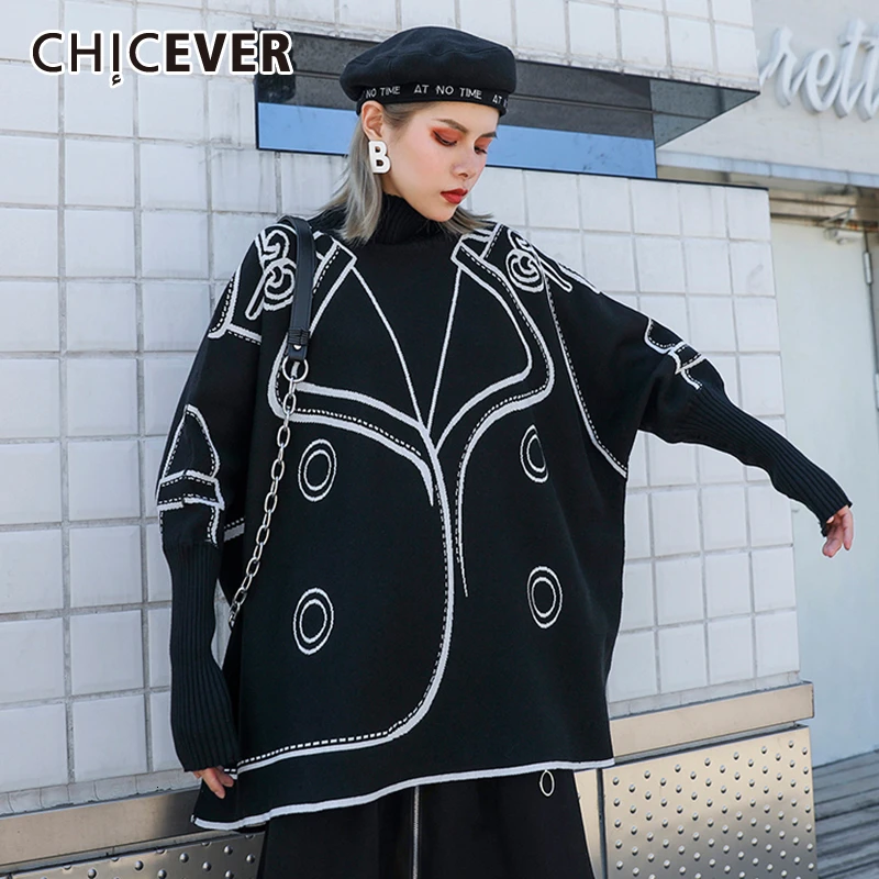 CHICEVER Повседневный вязаный свитер с принтом для женщин водолазка длинным рукавом