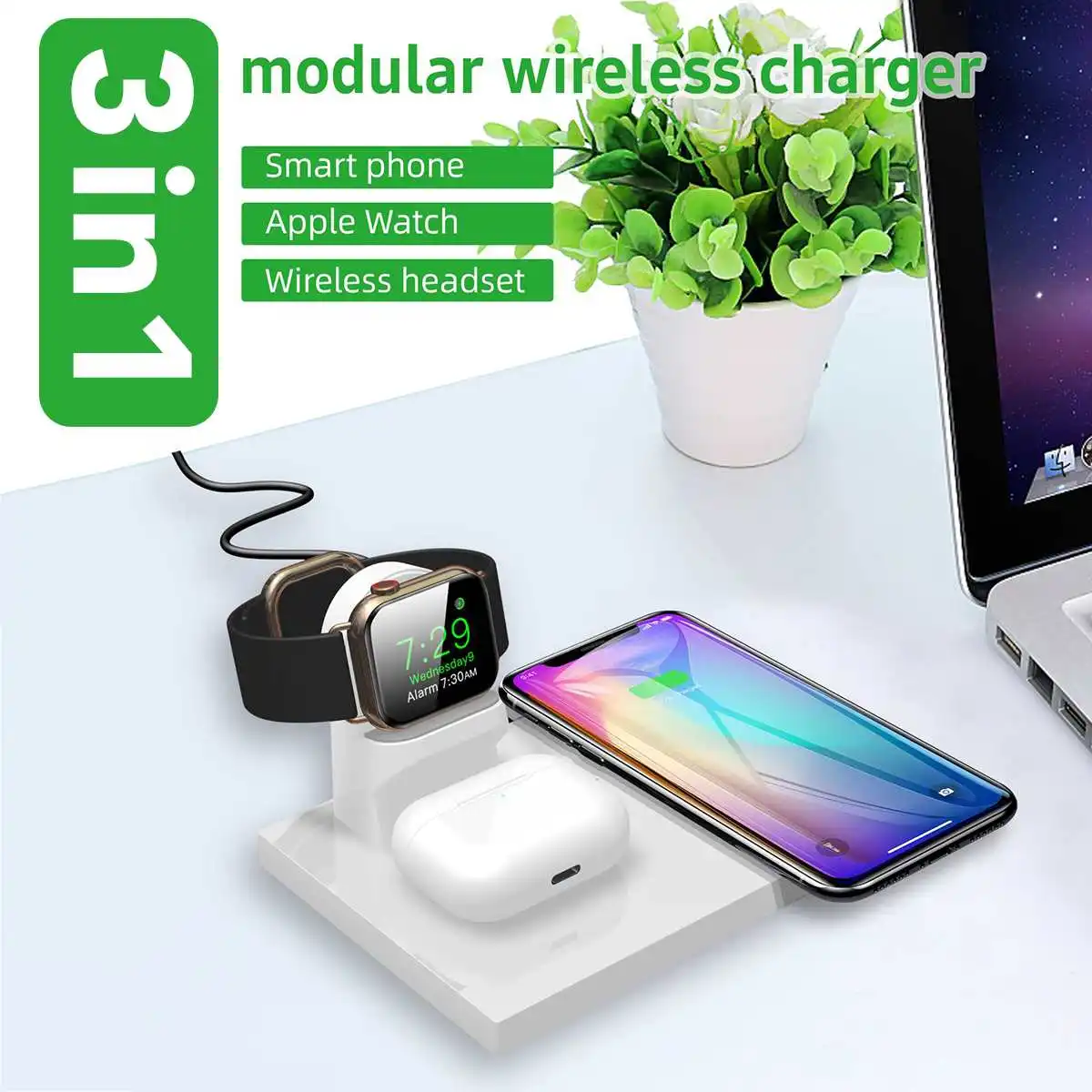 Qi Wireless Charger Dock Station Phone Headphone Headset Fast Charging Stand With Cooling Holes For Apple Watch For Airpods Pro