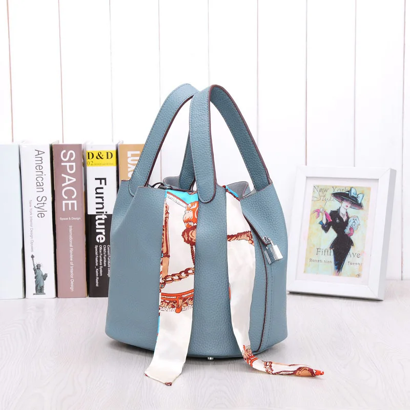 

New Genuine Leather Bag Ladies Handbag Togo Litchi Pattern Handbag Women Bucket Cabbage Basket Bag