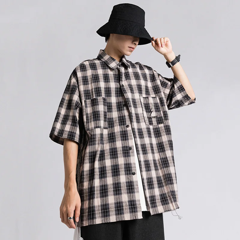 

Vintage Red Brown Plaid Shirt Men's summer thin trend Hong Kong Style Japanese style drawstring loose casual all-around jacket s