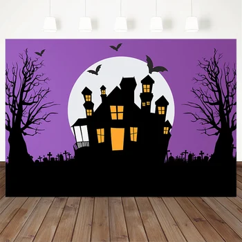 

Halloween Photography Backdrops Haunted House Photo Tree Grave Bat Big Moon Family Gathering Props Banner Seamless Background