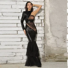 

Black Fashion Sexy Mermaid Evening Dresses One Shoulder Long Sleeves Sequins Shiny Elegant Dress For Women Evening Pageant Gowns