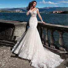Жемчужина с длинным рукавом Иллюзия Тюль Русалка Кружева Аппликация Свадебное платье с пуговицей развертки поезд Цветы свадебное платье