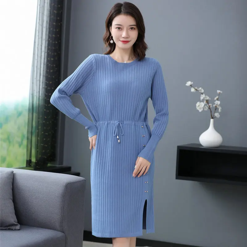 

Women Pure Colour Knit Dresses Autumn Early Winter Warm Soft Hem Slit Bead Design Adjustable Wasit Knee Length One Piece Dress